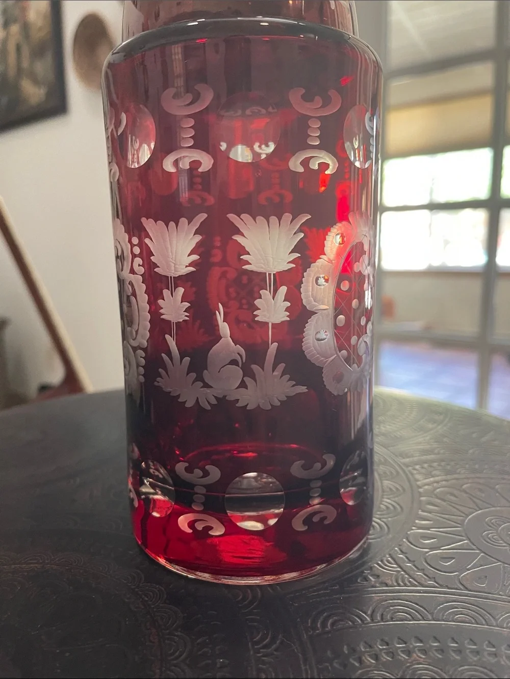 Egermann Ruby Red Etched Glass Decanter and Goblet Set